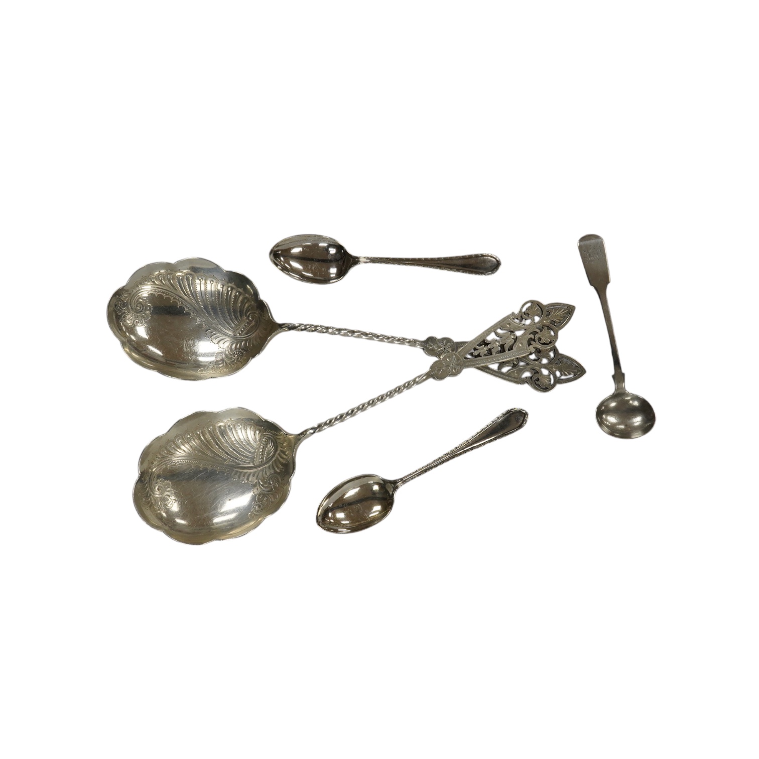 A pair of Edwardian silver serving spoons, Sheffield, 1901, 21.6cm and a quantity of assorted minor silver flatware. Condition - poor to fair